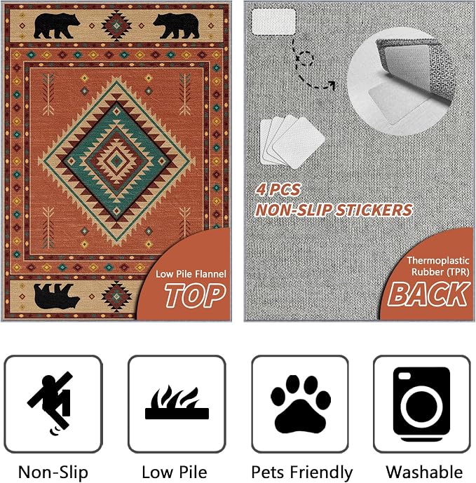 Cabin Rug 7x9 - Bear Southwestern Aztec Area Rugs for Living Room Bedroom, Rustic Navajo Machine Washable | Non-Slip | Soft Large Carpets, Native American Home Decor (Orange Tan Black)