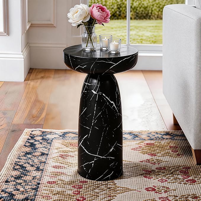 Marble Side Table, 24" Modern Faux Stone Accent Coffee Table | Durable Faux Marble Look Table for Small Spaces. Modern Pedestal Drink Table for Living room, Patio or Balcony.