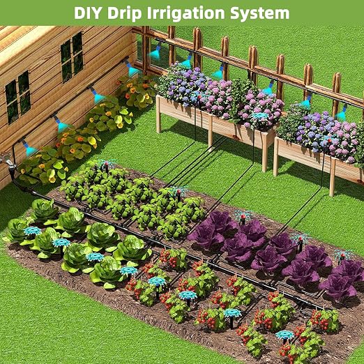250FT Drip Irrigation System Kit, Automatic Garden Watering System with 1/2" Hose and 1/4" Distribution Tubing-Adjustable Nozzles & Sprinklers for Garden Irrigation, Yard, Lawn, Potted Plants。