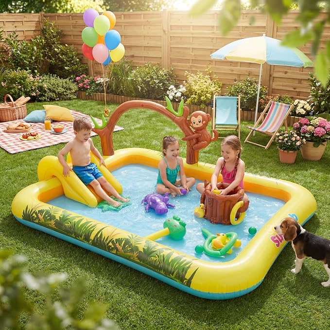 GLACER Kiddie Pool with Slide, Baby Pool with 11 Jungle Animal Toys | Inflatable Play Center with Arch Sprinkler, Repair Patches, PVC Outdoor Toddler Splash Pad for Backyard, Garden and Poolside