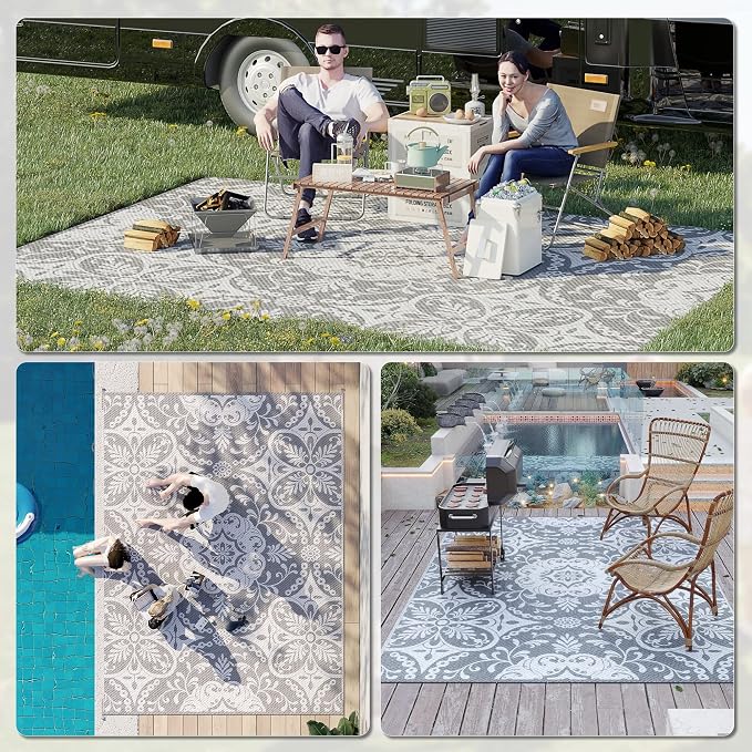 Outsunny Outdoor Rug for Patio, 9' x 12' Waterproof Large Mat, Reversible Plastic Straw Rug for Decor, Portable Outside RV Camping Area Carpet Mat for Backyard Porch Deck Picnic, Gray & White Floral