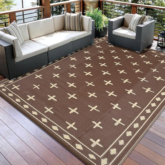 Outdoor Patio Rug 9x18 Waterproof Outside Area Rugs Modern Reversible Plastic Straw Carpet for RV Deck Camping Entryance Porch Picnic Balcony Beach，Brown/Coffee
