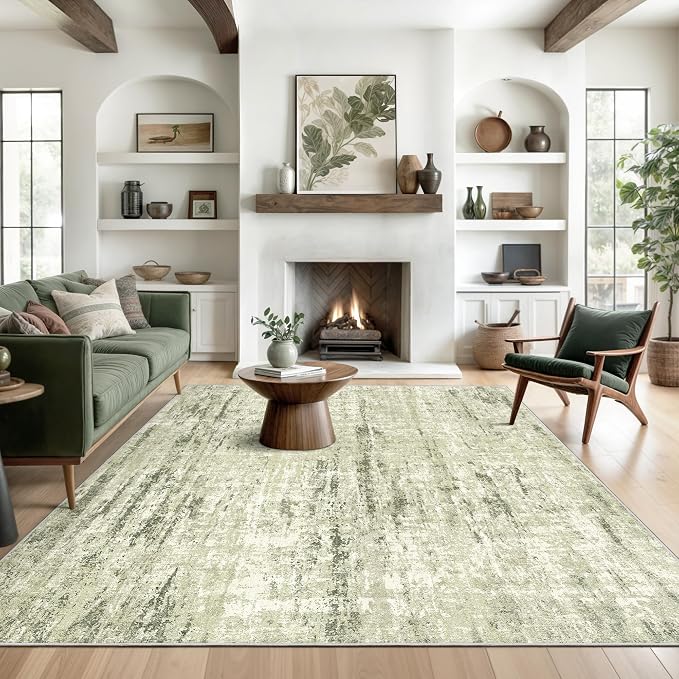 Valenrug 9x12 Area Rug, Large Abstract Washable Rugs for Living Room Green | Soft & Lighweight, Folable, Stain Resistant Low Pile Thin Indoor Distressed Carpet Rugs for Bedroom,Laundry Room,Kitchen
