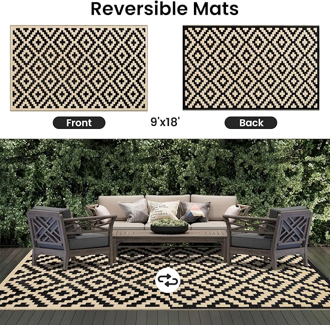 Smiry Waterproof Outdoor Rug 9X18 ft, Reversible Plastic Straw Patio Camping Rugs, Outdoor Indoor RV Mat Carpet for Patio, Outside Entry, Backyard, Deck, Bench, Picnic, Camper, Black & Beige
