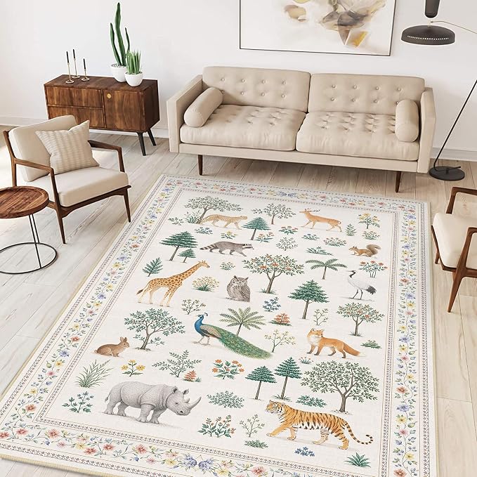 Jungle Animal Rug 3x5 Wild Zoo Animals Forest Area Rug for Entryway Living Room Machine Washable Non-Slip Printed Low-Pile Indoor Floor Carpet for Kids Room Nursery Bedroom Playroom,Beige