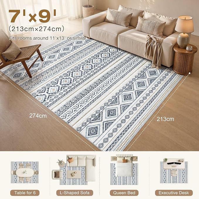 cotiled Boho 7x9 Area Rug for Living Room: Large Moroccan Washable Rug | Solve Modern Neutral Trendy Home Decor - Stain Resistan Indoor Carpet for Bedroom Farmhouse Dining Room Blue