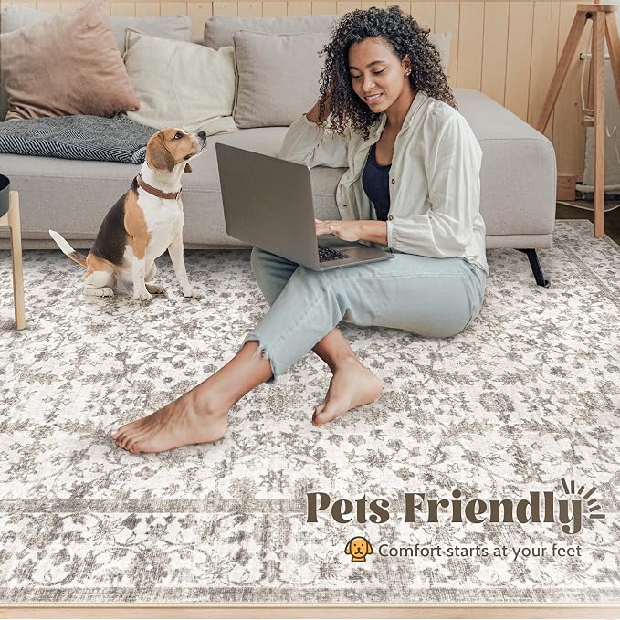 Living Room Rugs 8x10: Washable Moroccan Geometric Boho Rug Farmhouse Non Slip Stain Resistant Large Rug Low Pile Soft Carpet for Bedroom Dining Room Children Room (Grey Floral,8'x10')