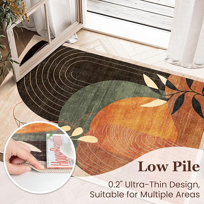 3x5 Washable Rugs Boho Area Rug Low Pile Non Slip Mid Century Modern | Small Throw Carpet for Bedroom Entryway Living Room Office Bedside Entry Indoor Boho Abstract Retro Terracotta Rust