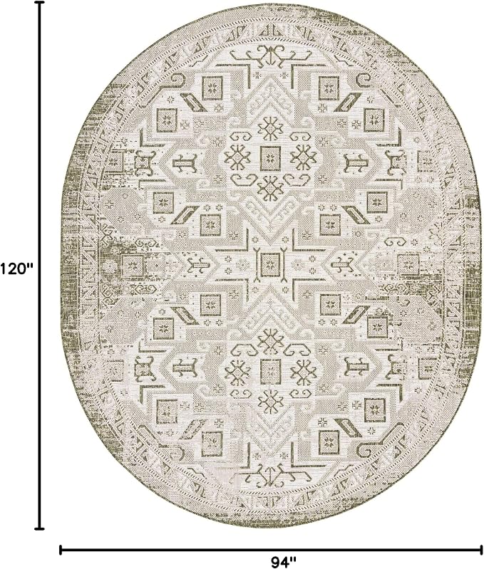 Unique Loom Outdoor Aztec Collection Area Rug - Coba (7' 10" x 10' Oval, Green/ Ivory)
