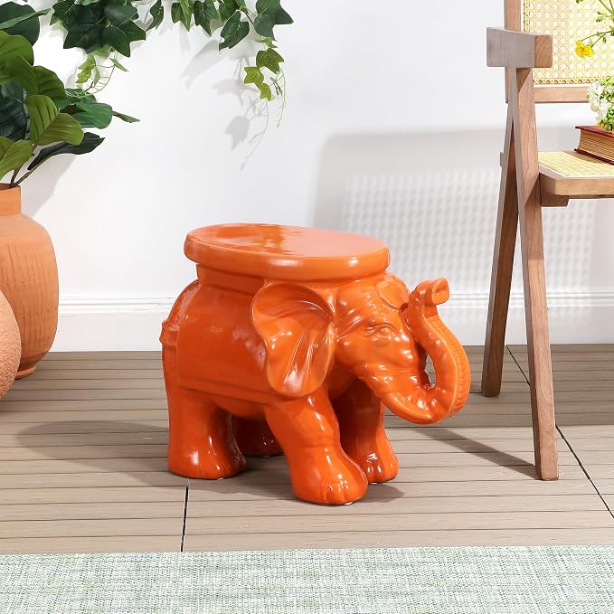 JONATHAN Y White Elephant 14.25" Glazed Ceramic Elephant Garden Stool, Weather-Resistant Indoor/Outdoor Patio Side Table and Plant Stand, Bohemian, Orange TBL1007C
