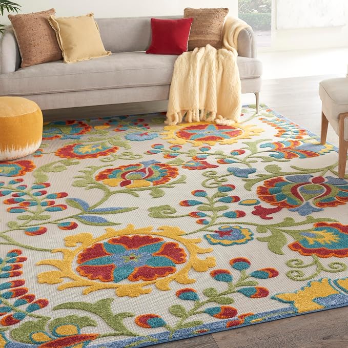 Nourison Home Aloha Ivory Multicolor 7'10" x 10'6" Area Rug - Easy Clean, Non Shedding, Bed Room, Living Room, Dining Room, Kitchen (8' x 11')