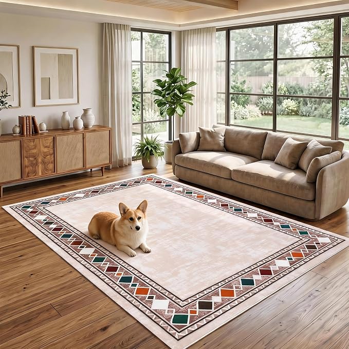 Garvee Large Area Rug 10x13 Rugs Vintage Border Washable Rug, Beige | Boho Area Rug Stain Resistant Easy Cleaning Throw Rugs Low Pile Floor Cover for Nursery Dining Room Apartment