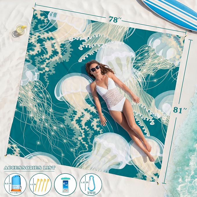Famstar Beach Blanket Oversized Extra Large 78"X81"/10'X9',Waterproof Sandproof Beach Blanket 2-8 Adults Lightweight Durable for Travel Camping Hiking Picnic