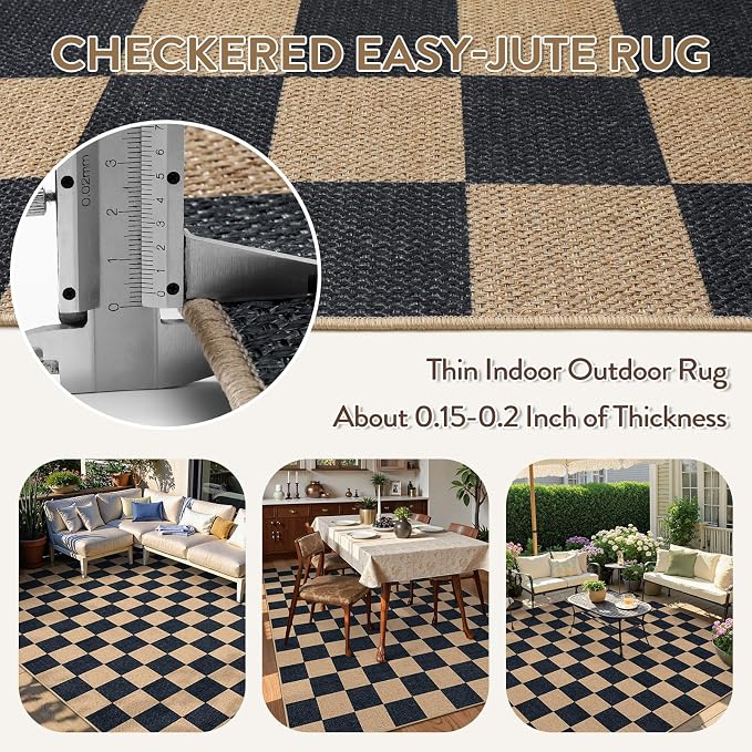 Lahome Colette Checkered Easy Jute Carpet, Washable Area Rug 6x9 Neutral Outdoor Patio Rug, Farmhouse Checkerboard Non Slip Non Shedding Floor Carpet for Dining Living Room Deck Sunroom