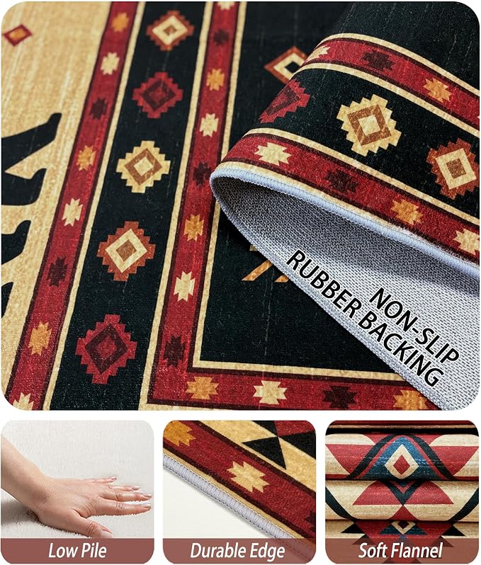 Southwest Rug 4x6 - Native American Bear Cabin Area Rugs for Bedroom Living Room, Rustic Ethic Machine Washable | Non-Slip | Low Pile Carpets, Western Home Decor (Red Tan Black)