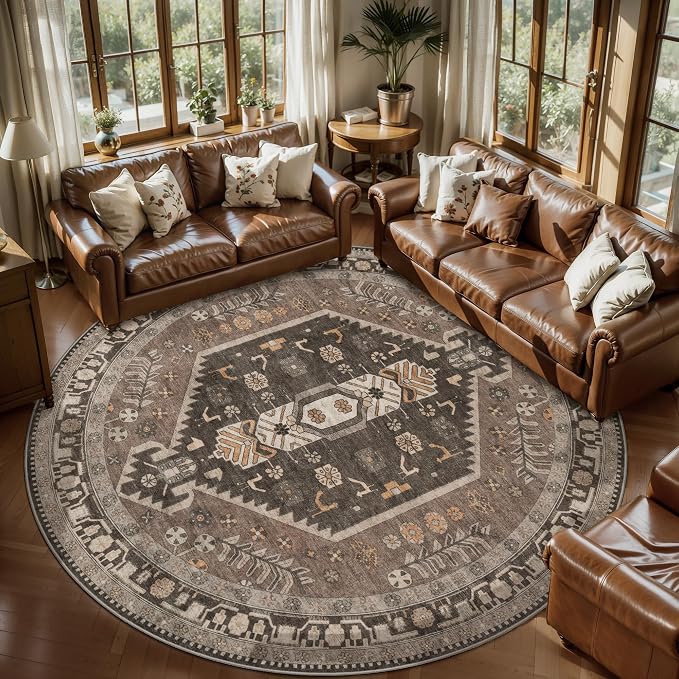 Ciicool 6ft Round Area Rug for Bedroom,Washable Large Circle for Kitchen | Vintage Non-Slip Low-Pile Oriental Hazel Indoor Mat Soft Boho Entry Carpet for Bedside Living Room Bathroom Dining Room