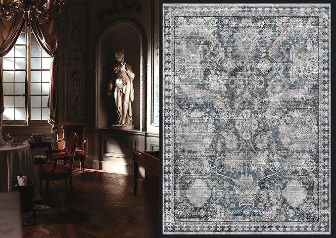 Washable Area Rugs - Perfect for Living Room, Bedroom, Kids Room, Nursery - Stain & Water Resistant Non-Slip, Pet & Child Friendly, Vintage Tribal Area Rugs (Grey and Blue, 3' x 5 ')