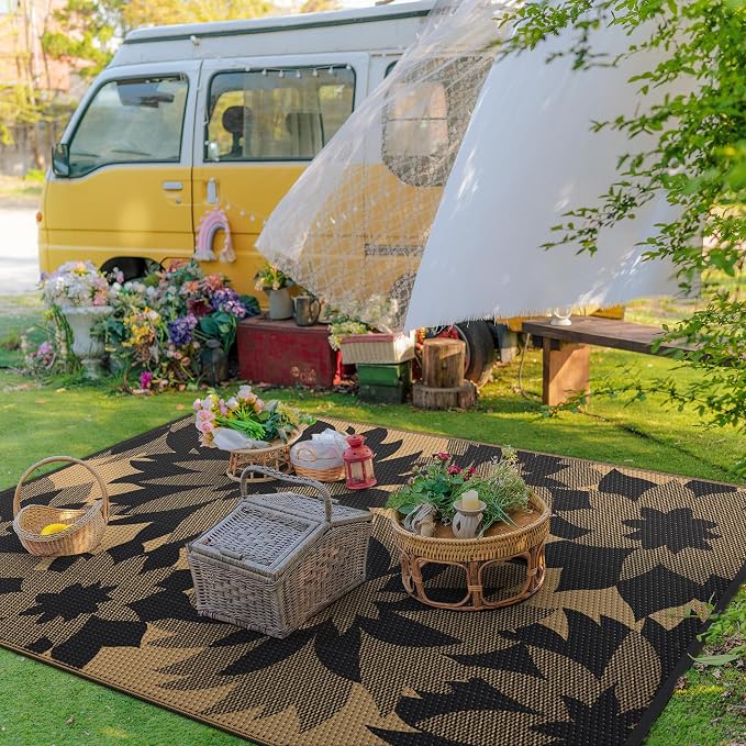 GENIMO Outdoor Rug 6' x 9' Waterproof for Patio Clearance, Reversible Plastic Straw Camping Mat, Light Weight Carpet for Rv, Camper, Deck, Porch, Picnic, Balcony, Beach,Charcoal Black & Brown