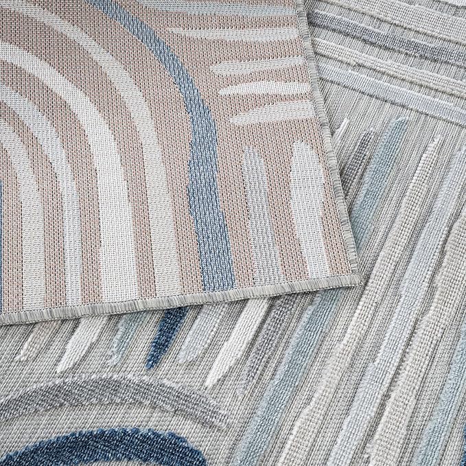 CAMILSON Indoor Outdoor Rug, Blue 9x12 Geometric Arch Striped Large Area Rugs for Patio and Home Areas, Easy-Cleaning Non-Shedding Living Room, Garden and Deck Washable Outside Carpet (9 x 12)