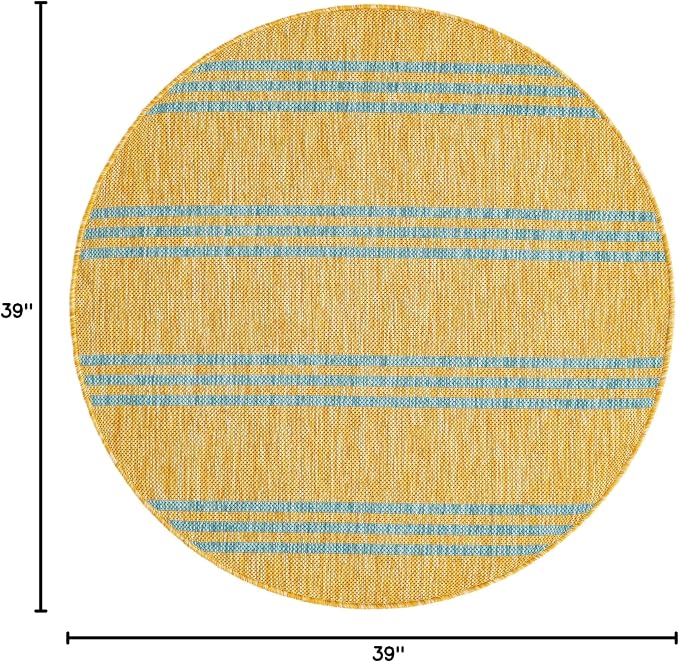Unique Loom Outdoor Collection Area Rug - Anguilla (3' 3' Round, Yellow and Aqua/Light Blue)