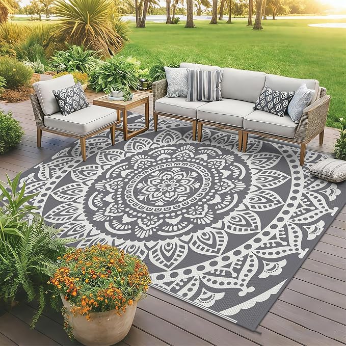 Bsmathom Waterproof Outdoor Rug 6'x9' Reversible Boho Plastic Straw Patio Deck Camping Rugs, Indoor Outdoor Portable RV Mat Clearance Carpet for Outside, Porch, Balcony, Backyard, Beach, Pool,Grey