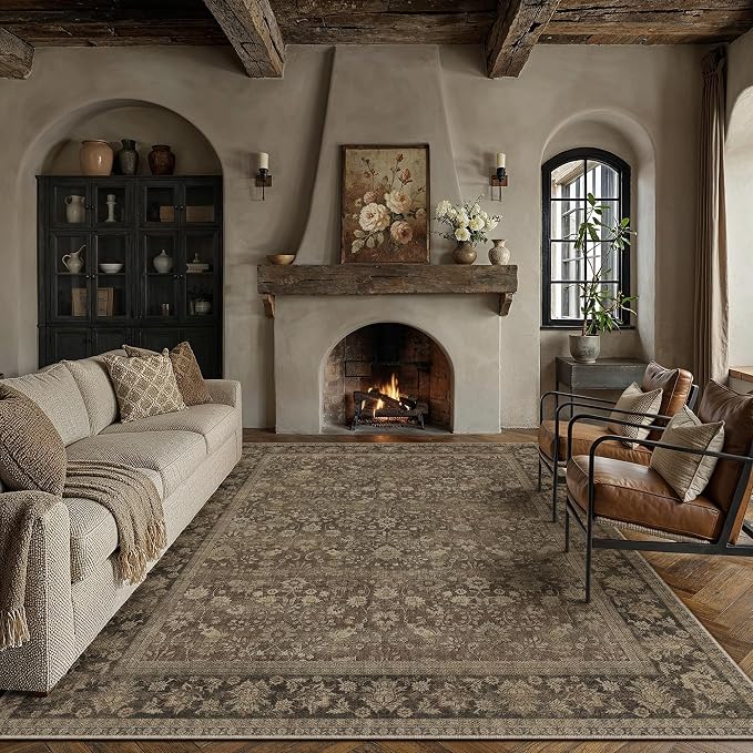 HUGEAR 8x10 Indoor/Outdoor Rug Brown Linen-Look Fabric Vintage Area Rug High Traffic Stain Resistant Easy Clean Durable Rugs for Living Kitchen Patio Deck Balcony Porch Garden Courtyard