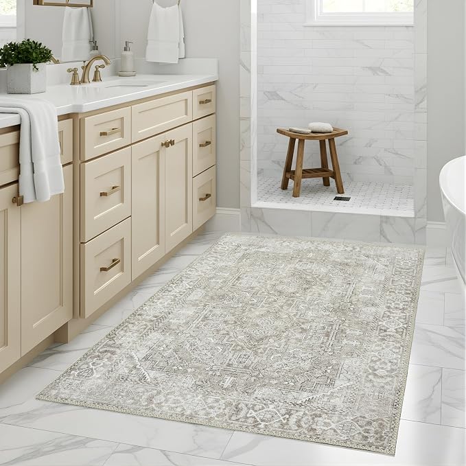 Sacred Artisans Farmhouse 3x5 Area Rug for Entry, Kitchen, Mudroom and Foyer | Washable, Pet Friendly, Durable and Low Pile (Stone, 3' x 5')