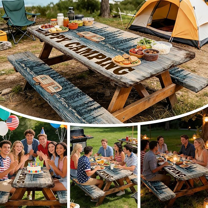 NYZE 3 Pieces Happy Camping Picnic Table Cover with Bench Covers Set, Elastic Edge Camping Tablecloth, Tablecloth Cover with Drawstring Bag, Camping Essentials for Outdoor RV Picnic Travel, Patio, BBQ