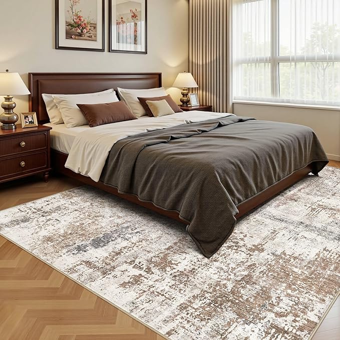 UERMEI 8x10 Washable Area Rug - Neutral Modern Abstract Living Room Rugs, Non-Slip Soft Large Indoor Floor Carpet for Bedroom Home Office & Under Dining Table Decor, Brown/Grey/Red