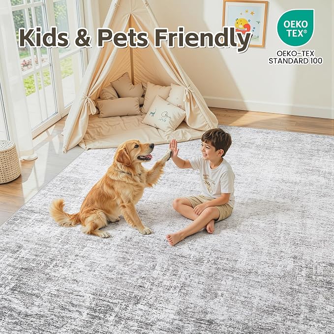Washable 6x9 Abstract Black Area Rugs for Living Room | Large Modern Neutral Rugs Soft Non Slip Stain Resistant Low Pile Carpet Dining Room Bedroom Indoor Nursery Home Office