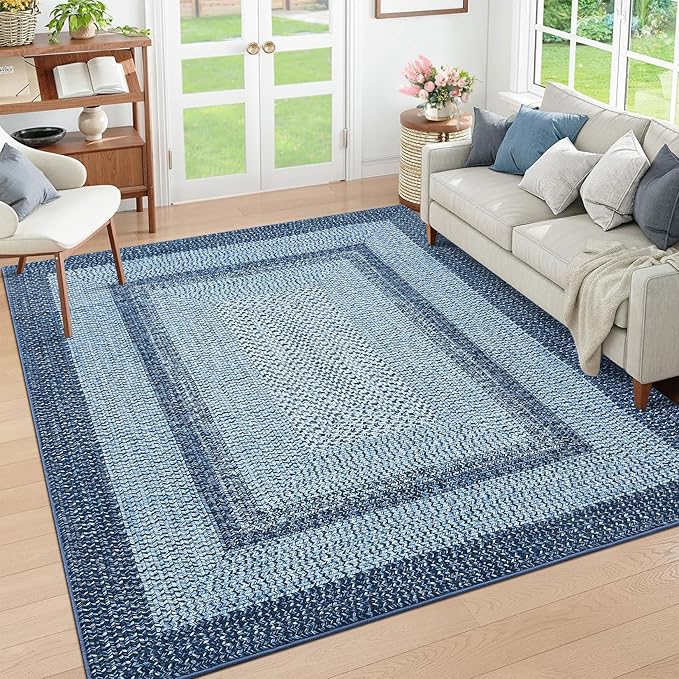 RUGSREAL Washable Bedroom Rug 4x6 Living Room Braided Print Floor Cover | Dining Room Throw Carpet with Rubber Backing Farmhouse Rustic Accent Rugs for Living Room Home Decor, Blue