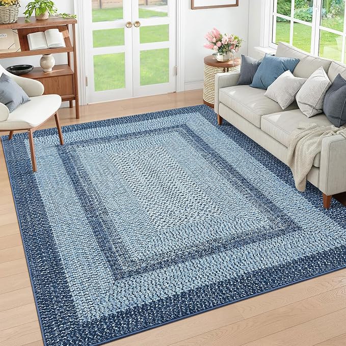 RUGSREAL Modern 3x5 Area Rug Washable Rug for Bedroom Living Room Non Slip | Braided Printed Throw Carpet Stain Resistant Small Dining Room Rustic Accent Small Carpet for Entryway Home Decor, Blue