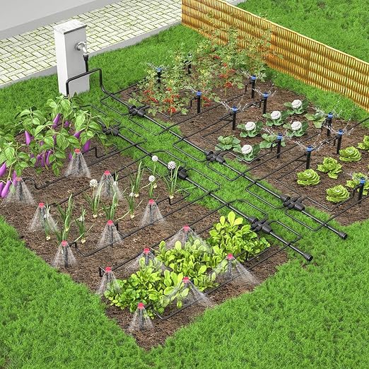 Drip Irrigation System,106FT Automatic Garden Watering System with 1/2" & 1/4" Fast-Lock Tubing Adjustable Nozzles & Sprinklers,Quick-Connect Drip Irrigation System Kit for Garden,Lawn,Potted Plants