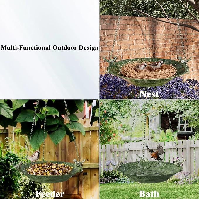 12'' Metal Hanging Bird Bath with Solar Fountain, Vintage Bird Bath Bowl, Bird Feeder with Bird Bath Bubbler for Outdoors, Garden, Patio Decor (Bronze Green)