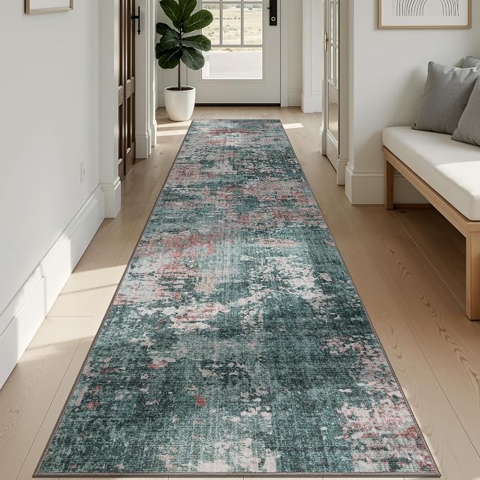 Sasttie 2x12 Runner Rug, Modern Abstract Hallway Carpet, Pink & Green | Machine Washable, Ultra-Soft Faux Wool, Low Pile, Non-Slip, Thin, for Entrance, Entryway, Kitchen & Laundry Room