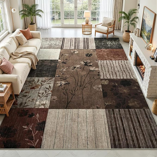 DweIke Area Rugs 4'x6' Washable Brown Rug for Living Room, Non-Slip Modern Geometric Patchwork Stain Resistant Indoor Throw Carpet for Bedroom Dining Room Farmhouse Office Decor