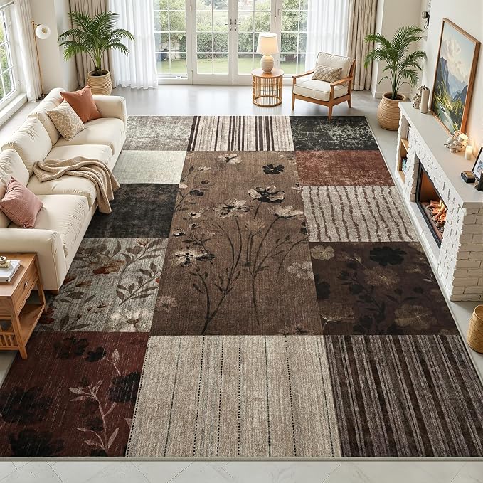 DweIke Area Rugs 6'x9' Washable Brown Rug for Living Room, Non-Slip Modern Geometric Patchwork Stain Resistant Indoor Throw Carpet for Bedroom Dining Room Farmhouse Office Decor