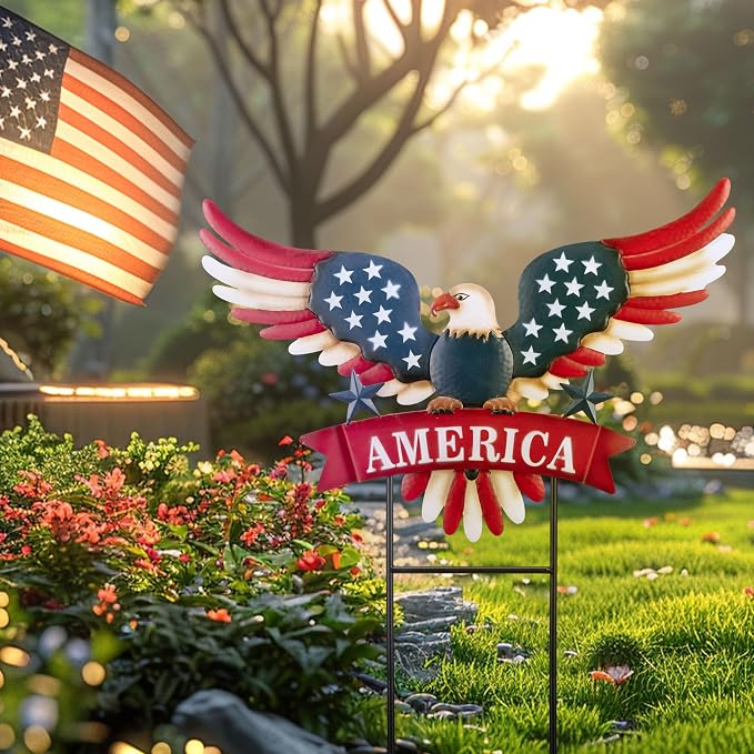 TERESA'S COLLECTIONS 4th of July Decorations for Outdoor, Patriotic Memorial Day Garden Decor, Eagle Metal Yard Art Sign for Outside, Americana Garden Stake for Lawn, Independence Day Gifts, 22.4''