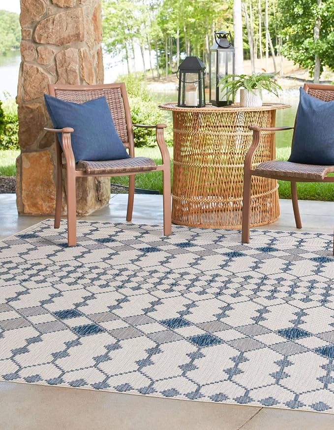 Unique Loom Outdoor Trellis Collection Area Rug - Traliccio (10' Square, Ivory/ Navy Blue)
