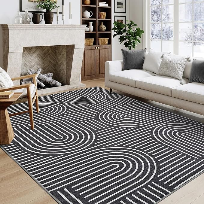 ROYHOME Modern Washable Rug 5x7 Area Rugs for Living Room Non Slip, Black | Abstract Rug for Bedroom, Rainbow Throw Rugs with Rubber Back, Low Pile Stain Resistant Boho Geometric Carpet for Dining Room