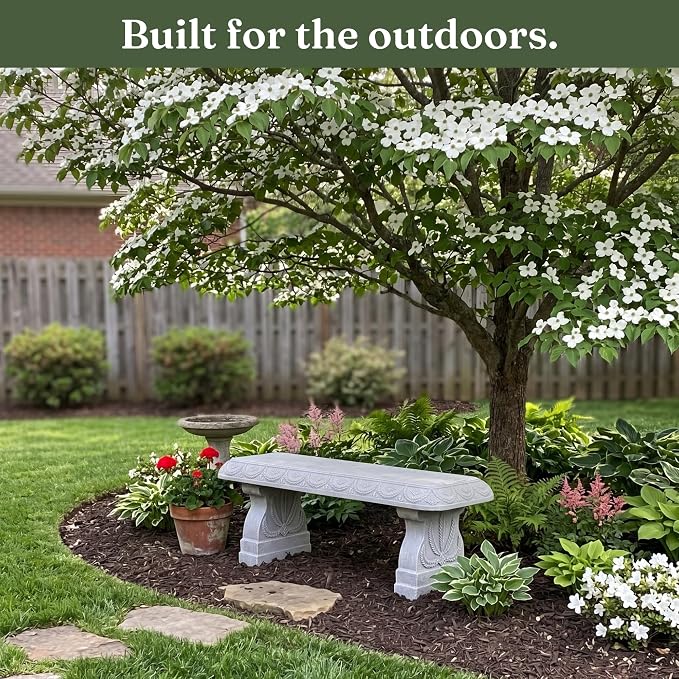 Limestone White Patio Bench - Small Outdoor Bench - Front Porch Seating for Garden Yard - Outdoor Seat Backless Decorative Pedestal Patio Furniture - Weather Resistant Realistic Stone Look