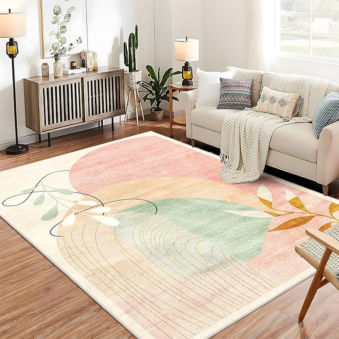 5x7 Area Rugs Washable Low Pile Non Slip Mid Century Modern Large | Machine Washable Throw Carpet for Living Room Bedroom Office Dining Room Indoor Boho Abstract Retro Geometric Pink
