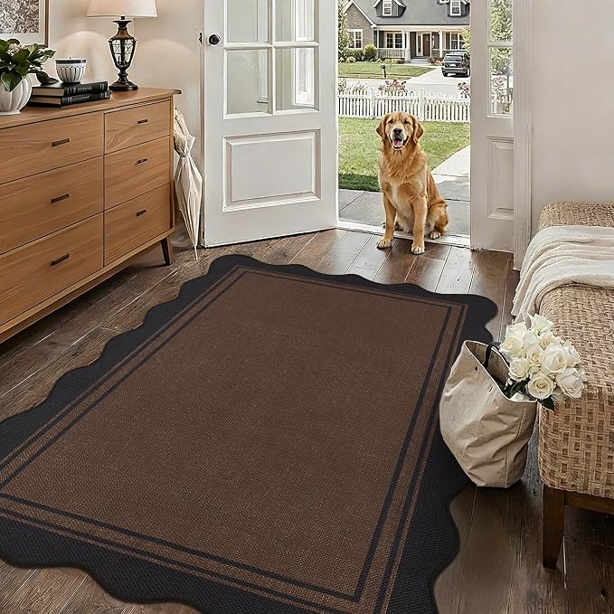 Easy Jute 3x5 Outdoor Rug Washable Non Slip Rug for Entryway Indoor Outdoor Farmhouse Neutral Scalloped Carpet for Backyard Patio Proch Living Room