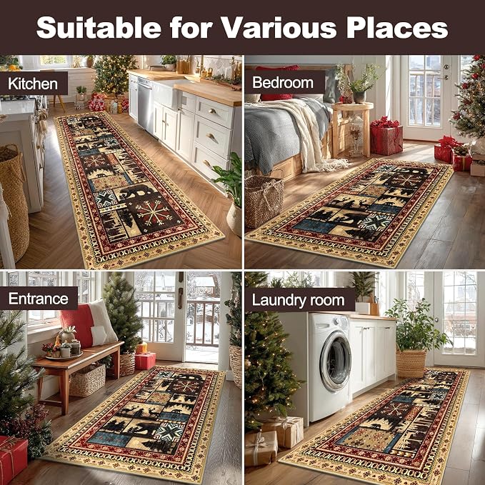 LOKHOM 3x10 Hallway Runner Rug, Non Slip Washable Western Cabin Bear Rugs | Bear Pattern, Low Pile Soft Kitchen Rug, Vintage Wildlife Accent Carpet Runner, For Laundry Bedroom Entryway Nursery