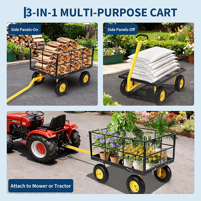Garvee 1500 LB Heavy Duty Garden Wagon Cart, Outdoor Metal Utility Trailer | 13 in All Terrain Tires, 3-in-1 Yard Wagon Cart with Removable Side Panels for Outdoor Lawn, Yard, Backyard