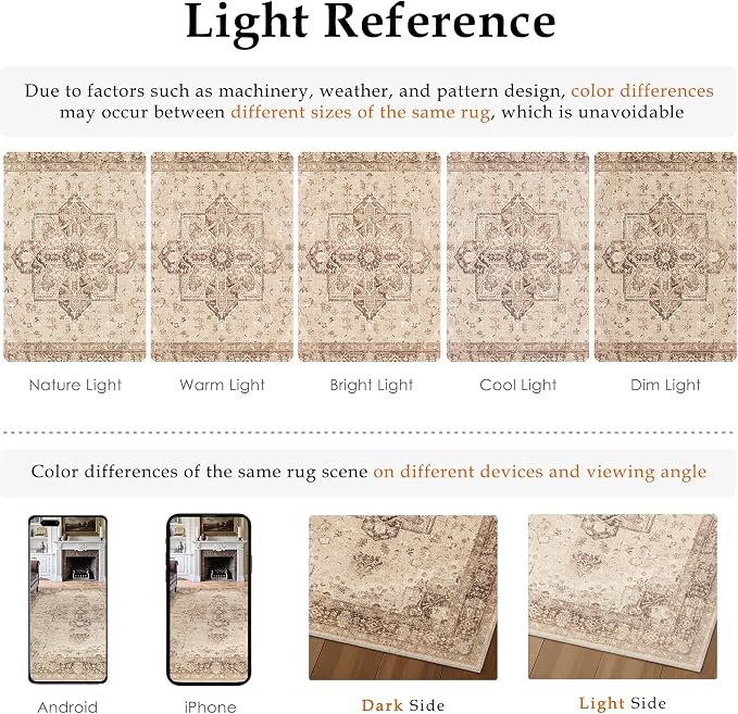 Brown 8x10 Washable Area Rug Living Room Vintage Oriental Carpet | Soft Low Pile, Non Slip, Stain Resistant, Floral Medallion, Retro Indoor Decor for Bedroom, Dining Room, Kids Room, Office