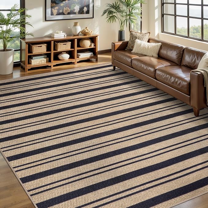 Tangsoo Easy Jute 6x9 Outdoor Rug for Living Room,Washable Non-Slip Rugs | Modern Striped Thin Indoor Mat Farmhouse Large Carpet for Backyard Dining Room Patio Sunroom Home Decor
