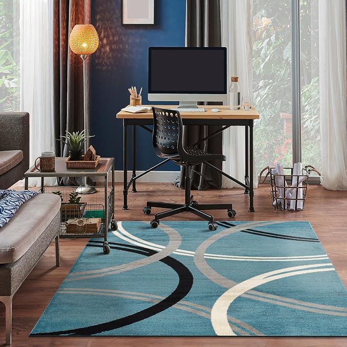 Rugshop Wavy Circles Modern Non-Shedding Square Rug Blue 6'6" x 6'6" | Square, Size 6'6" x 6'6", Living Room, Bedroom, Dining Room, Home Office, Kitchen, Entryway, Hallway, Nursery, Kids Room