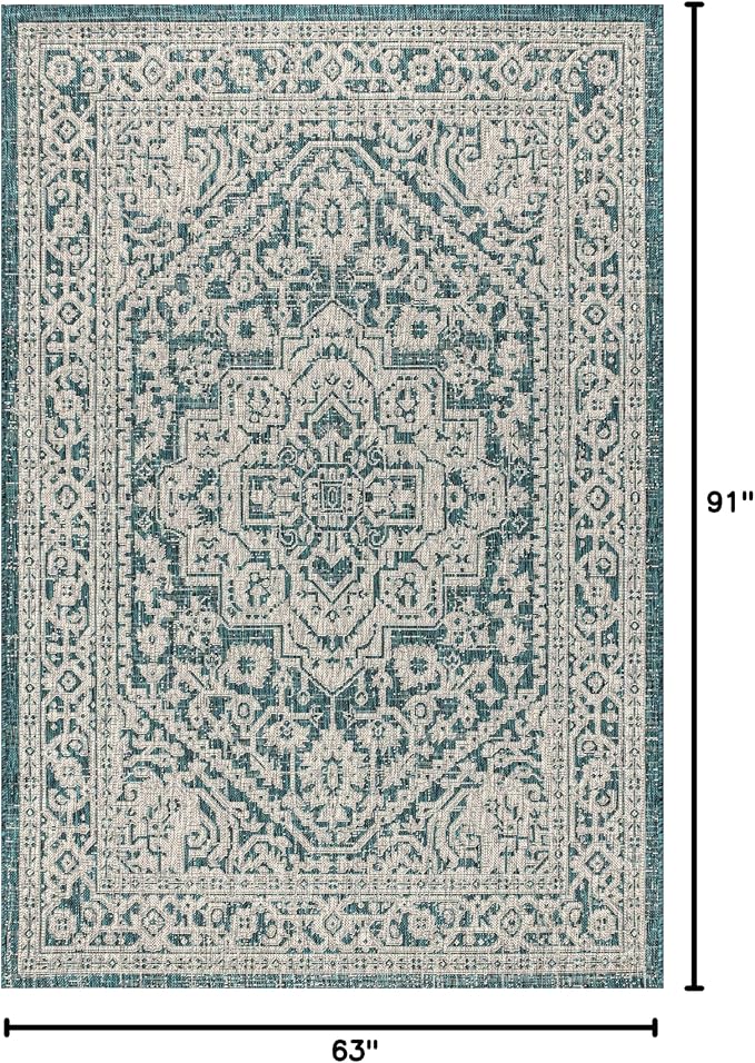 JONATHAN Y Medallion Weave Indoor Outdoor Area Rug 5X8 Teal Blue/Gray, Sinjuri Textured for Backyard, Patio, Porch, Easy-Cleaning, High Traffic, Pet-Friendly, Non-Shedding (SMB101C-5)