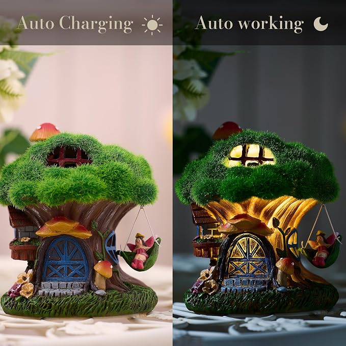TERESA'S COLLECTIONS Fairy House Outdoor Statues with Solar Light for Garden Decor, Green Moss Resin Outdoor Cottage with Swinging Fairy, Lawn Ornaments Yard Decor Gifts for Mom Women, 5.1"